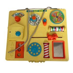 Vintage Busy Box Baby Toy 1970s Crib Toy Gabriel Yellow Activity Dexterity READ